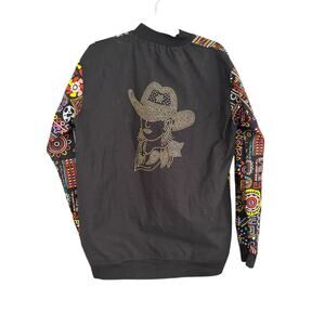 Geometric Cotton Bomber Jacket Size XL Ethnic Colorful Rhinestone Cowgirl Accent